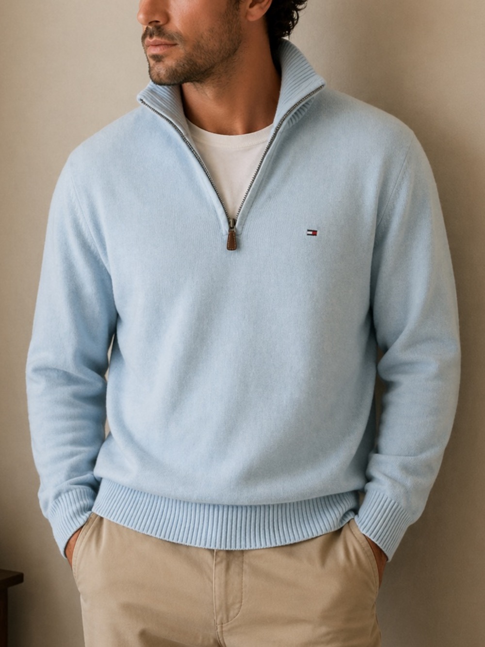 Mens Tommy Hilfiger 1/4 Zip Blue Knit Sweater size Medium